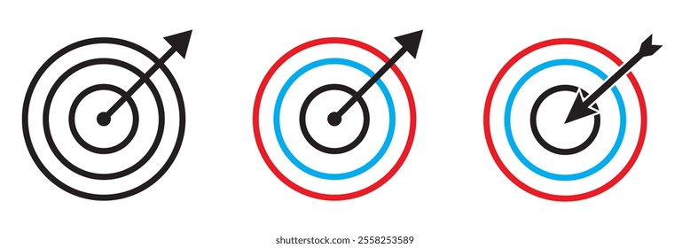 Set of success target icons. Set of 3 outline icons related to success target board. Linear icon collection. Success target outline icons collection. Editable stroke. Vector illustration.