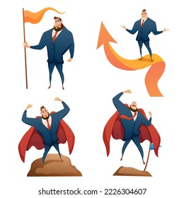 Set of success young businessman with flag on high mountain  ang arrow in cartoon character, success concept vector illustration