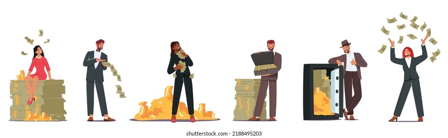 Juego de personajes de negocios exitosos en el uso formal posando con dinero, la gente celebra el éxito del proyecto de victoria, ricos ganadores de lotería de hombres y mujeres, concepto de inversionistas. Ilustración del vector de dibujos animados