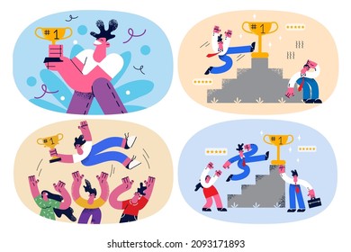 Set of successful business leader celebrate win get prize or reward. Motivated happy person achieve accomplish goal, triumph with award. Success and leadership. Vector illustration. 