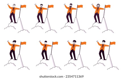 Set successful businessman climbed to the top of the mountain.Doodle sketch style vector illustration.Businessman standing proud on top.A successful man red flag on mountain peak.
