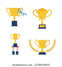 Set of successful businessman holding golden cup award in hand, leadership idea, first place prize victory, competition winner, Business goal achievement vector concep