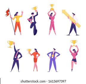 Set of Successful Businesspeople Win in Leadership Corporate Competition Posing with Golden Goblet Taking First Place. Winner Business Men and Women Celebrate Victory. Cartoon Flat Vector Illustration