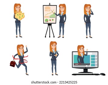 A set of successful businesswoman character in different poses and actions