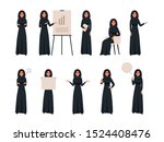 Set of Successful creative business arab women in different poses. Saudi business female wears hijab working at office. Vector illustration