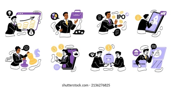 Set Of Successful Investors. Pension Plan, Venture Capital, Corporate Bond. Young Men And Women Invest Money And Get Profit Or Income. Cartoon Flat Vector Collection Isolated On White Background