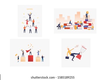 Set of successful team illustrations. Flat vector illustrations of people winning award, celebrating success, playing chess. Business concept for banner, website design or landing web page