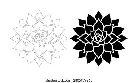 Set of succulent plant icons featuring line art and silhouette designs