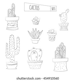 Set of succulent plants and cactus in pots. Linear vector illustration.
