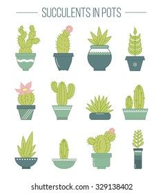 Set of succulent plants and cactus's in pots.
Linear botanical vector icons.