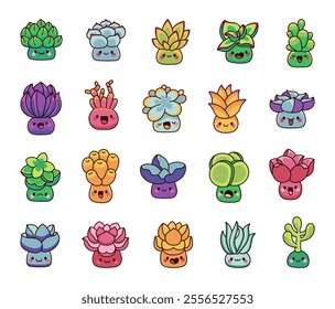 Set of succulent plants in cute kawaii cartoon characters with smiling, winking, and surprised emotions for cheerful garden decoration and adorable nature inspired joyful designs