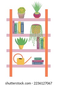 Set of succulent plants on the shelf with books and a watering can. Flat vector illustration.