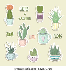 Set of a succulent. Small succulents and cactus in the teacup. Aloe vera, prickly pear, hoya ivy, gymnocalycium, haworthia, echeveria. Funny stickers collection for fans of succulents
