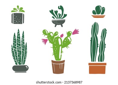 Set of succulents and cacti in pots. Vector silhouette illustration for flower shop, sketchbook, cover designs. Room flowers on white background.