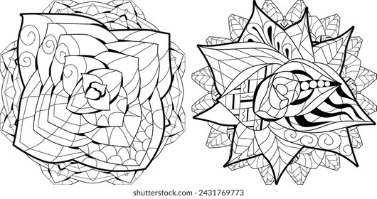 Set of Succulents houseplant on mandala for coloring. Print shape home plant urban tropical jungle decor.