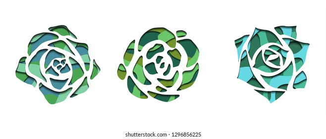 Set of succulents with a top view with 3d background cut out of paper in green color on  white background. Vector element for your creativity