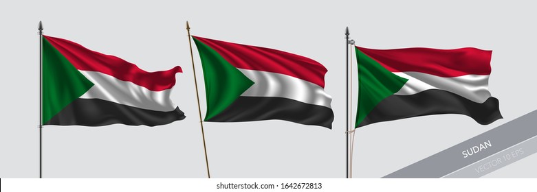 Set of Sudan waving flag on isolated background vector illustration. 3 Sudani wavy realistic flag as a symbol of patriotism