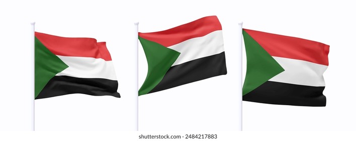 Set of Sudan waving flag on flagpole. Realistic 3d design flag flies on the wind on isolated white background. vector illustration