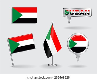 Set of Sudanese pin, icon and map pointer flags. Vector illustration.