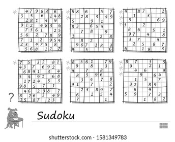Set of Sudoku puzzles. 3 difficulty levels. Logic game for children and adults. Printable page for kids brain teaser book. Developing counting skills. IQ training test. Black and white vector image.