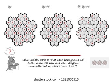 Set of Sudoku puzzles. 3 difficulty levels. Logic game. Page for brain teaser book. Solve task so that each honeycomb cell, each horizontal row and each diagonal have different numbers from 1 to 7.