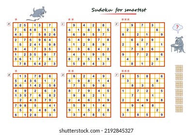 Set of Sudoku puzzles. Logic game for children and adults. Three different difficulty levels. Brain teaser book. Memory training for seniors. Printable page for kids. Play online. Vector image.