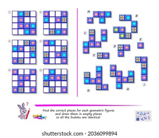 Set of Sudoku puzzles. Logic puzzle game for kids. Find correct places for all geometric figures so all squares are identical. Page for brain teaser book. Developing spatial thinking. Play online.