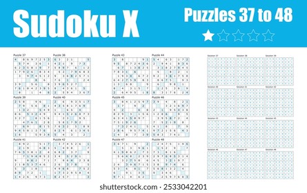 A set of Sudoku X puzzles, numbers 37 to 48, featuring easy-level diagonal rules for a light brain workout. Comes with complete solutions, perfect for beginner Sudoku enthusiasts