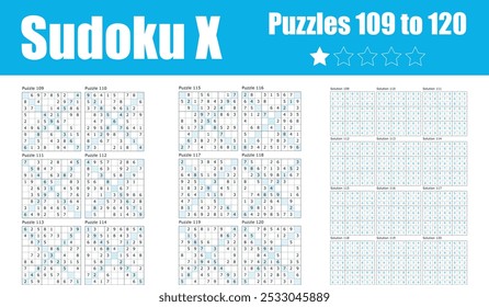 A set of Sudoku X puzzles, numbers 109 to 120, featuring easy diagonal constraints. Includes complete solutions, ideal for beginners and puzzle enthusiasts looking for simple brain teasers