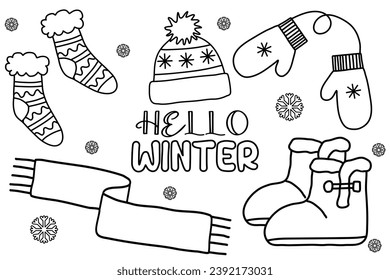 Set of suede boots with fur, scarf, mittens, socks and hat, vector outline for coloring book