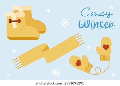 Set of suede slipper boots with fur, scarf and mittens, warm winter accessory, flat style vector
