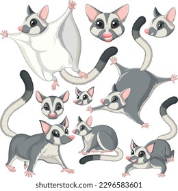 Set of sugar glider character with head and facial expression illustration