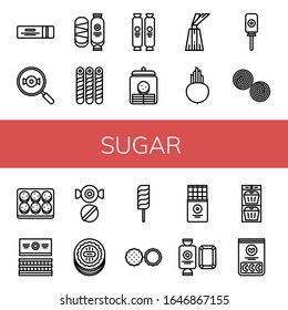 Set of sugar icons. Such as Chewing gum, Candy, Chocolate, Wafer, Cookie jar, Dessert, Beet, Lollipop, Liquorice, Cookie, Gum, Chocolate bar, Muffin, Jelly beans , sugar icons
