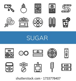 Juego de iconos de azúcar. Tales como Glucosemeter, Lollipop, Beet, Candy shop, Snack, Cheesecake, Marshmallow, Licorice, Gummy, Cuba libre, Donut, café instantáneo, Chocolate, iconos azucareros