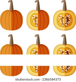 Set of Sugar Pie Pumpkins. Winter squash. Cucurbita pepo. Fruits and vegetables. Flat style. Isolated vector illustration.