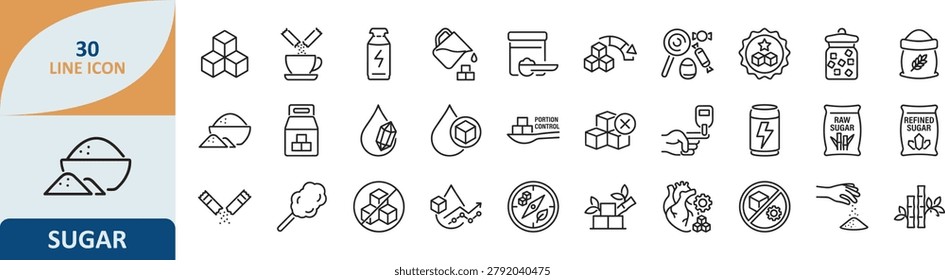 Set of sugar production and manufacturing line icons with production refinery manufacturing industry processing sweetener agriculture crushing extraction purification crystallization