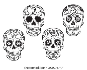 Set of sugar skull. Collection of  face sugar skull  for Day of dead. Symbol of the Mexican holiday. Vector illustration of  head with ethnic decor. Tattoo.