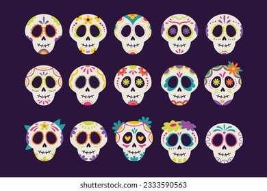 Set of sugar skull element flat design illustration, skull of day of the dead