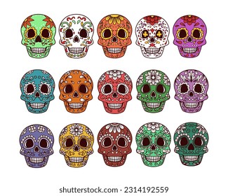 Set of sugar skull hand-drawn illustration, day of the dead decoration vector.