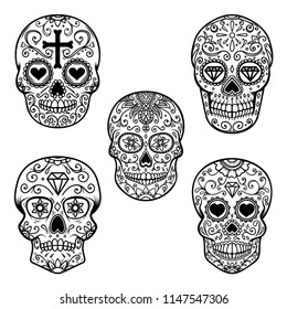 Set of sugar skull isolated on white background. Day of the dead. Dia de los muertos. Design element for poster, card, banner, print. Vector illustration