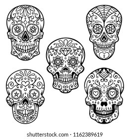 Set of sugar skull isolated on white background. Day of the dead. Design element for poster, card, banner, print. Vector illustration