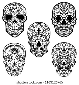 Set of  sugar skull isolated on white background. Day of the dead. Design element for poster, card, banner, print. Vector illustration