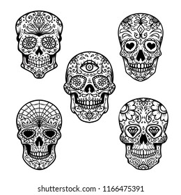 Set of  sugar skull isolated on white background. Day of the dead. Design element for poster, card, banner, print. Vector illustration