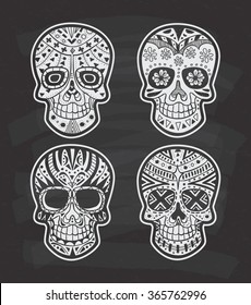 Set of sugar skull on chalkboard background 