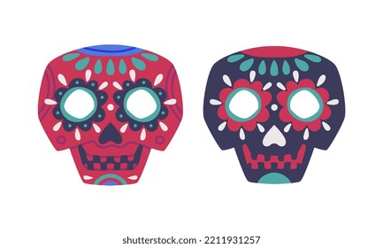 Set of sugar skulls with floral ornament. Mexican Day of the Dead symbol cartoon vector illustration
