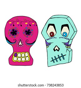 Set of sugar skulls in hand-drawn style isolated on white background. Day of the dead. Dia de los muertos. The traditional symbols of the Day of the Dead. Vector illustration.