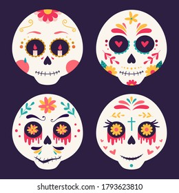 Set of Sugar skulls, Sugar Heads, Skull Faces. Halloween, Day of the Dead.