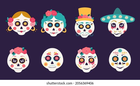 Calaveras de azúcar, Cabezas de azúcar, Caras de cráneo, Esqueletos de caricaturas, Cabezas muertas y Calaveras humanas. México. Ilustración de Halloween, Día de los Muertos. vector plano