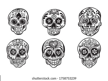 Set of sugar skulls illustrations. Dead day. Dia de los muertos.Hand drawn vector illustration.