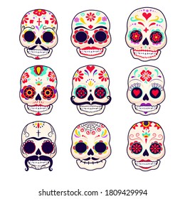 Set of sugar skulls illustrations. Dead day. Dia de los muertos. Design elements for poster, card, flyer, banner. Vector illustration